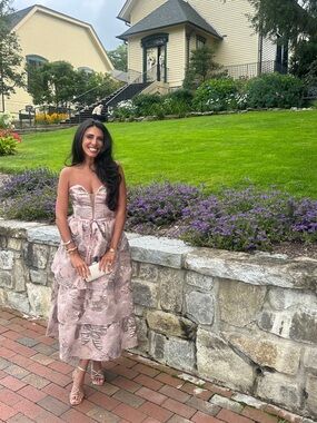 Dress the Population Dusty Blush Strapless Lace-Texture Midi Dress